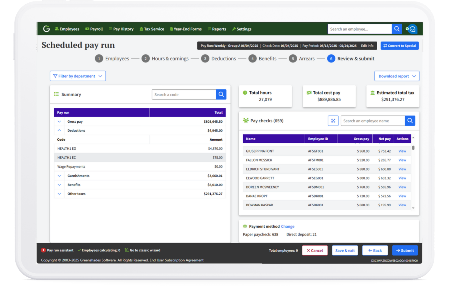 Scheduled Pay Run in Greenshades in Tablet